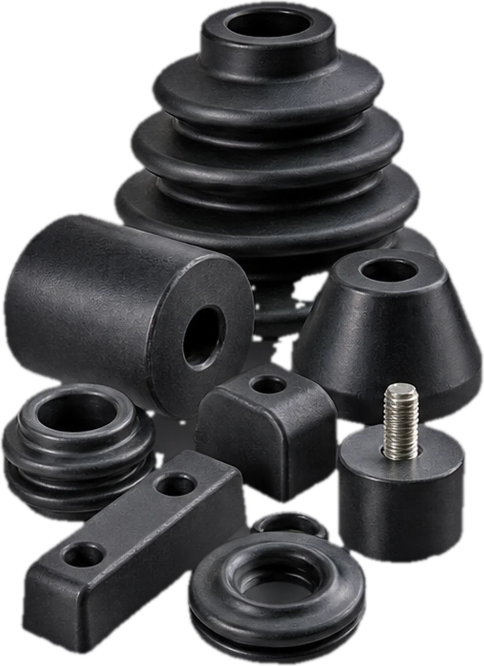 Moulded rubber components: a bellows, buffers, grommets and a rubber-to-metal mount
